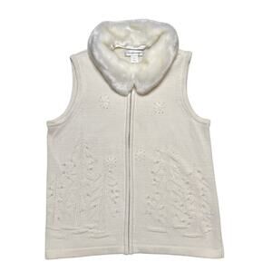 Christopher & Banks Faux Fur Collar Sleeveless Sweater Vest Snowflake Embroidery